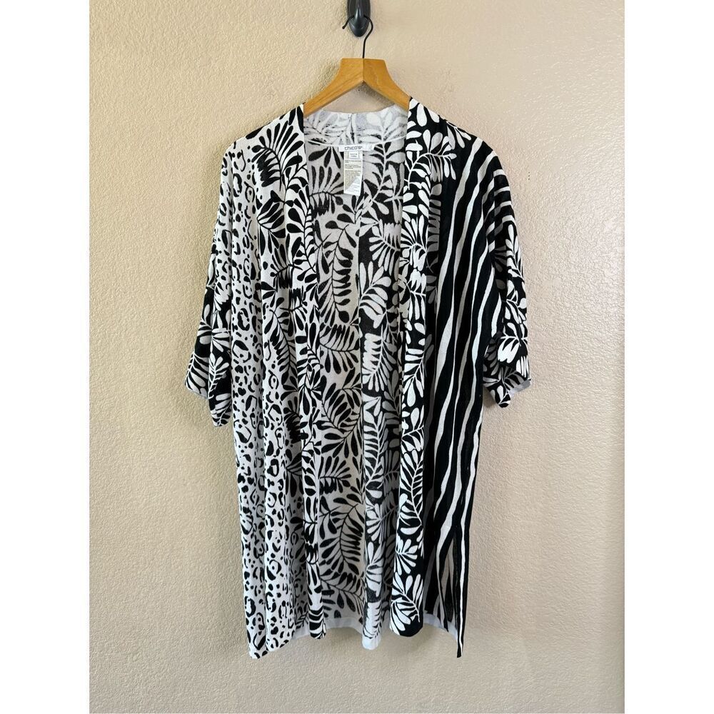 Chicos Kimono Top Womens 2 Large Black White Floral Lightweight Layer Coverup